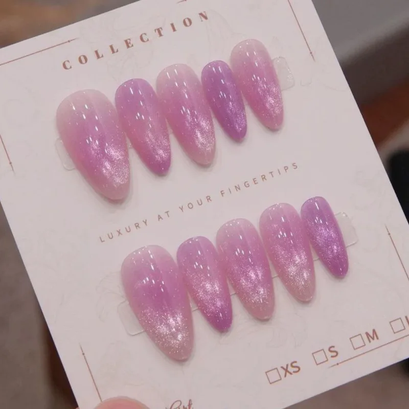Pink Purple Cat Eye Gradient Press On Nails,Dreamy Glitter Medium Almond False Nails,Fairy Removable Reusable Popular Manicure N view 4