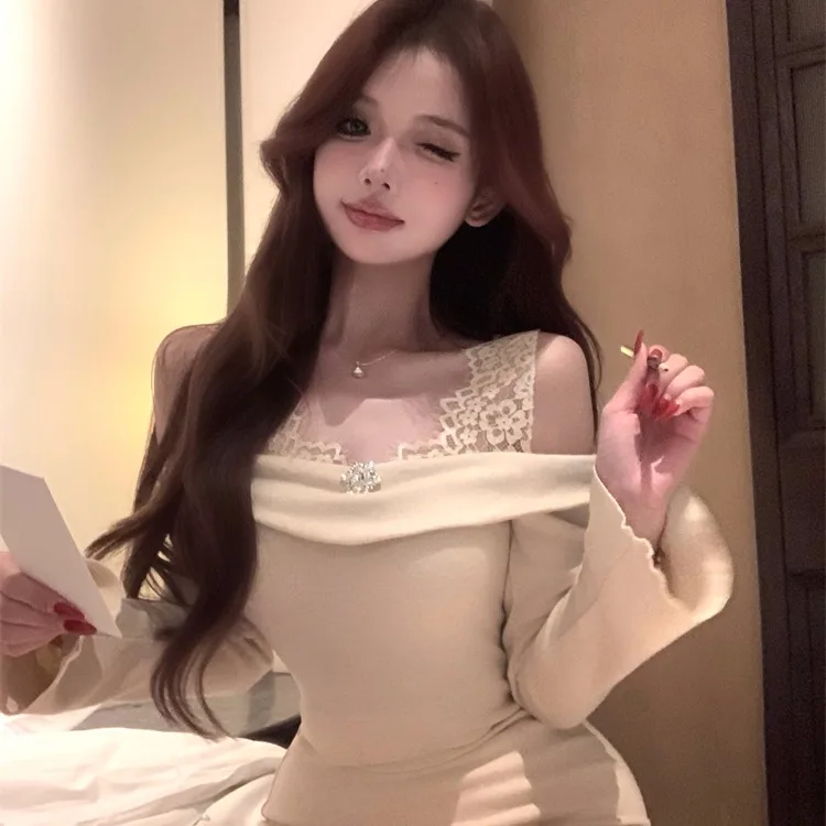 Ele Lace Splice Knitted Dr Slim Fit Bodycon Skirt One oulder High Waist Autumn Winter Women's Faion Casual H-ape