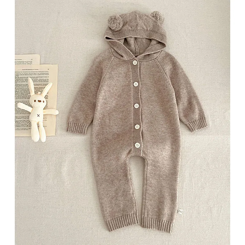 Autumn Winter Children Knitted Clothes Infant Baby Boys Girls Knitted Jumpsuit Solid Color Hooded Newborn Baby Knitted Bodysuits