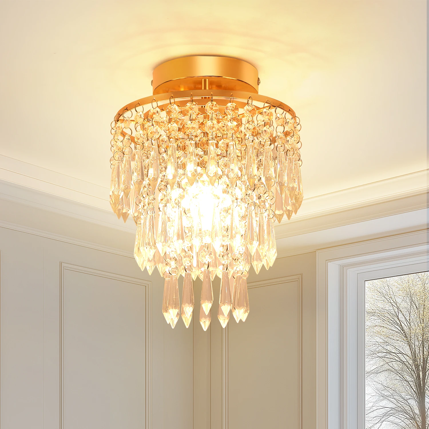 Moderne Kristall-Deckenleuchte mit E14-Sockel, goldene Deckenleuchte, LED-Deckenleuchten aus Stahl, Art-Deco für Wohnzimmer, Schlafzimmer, Flur