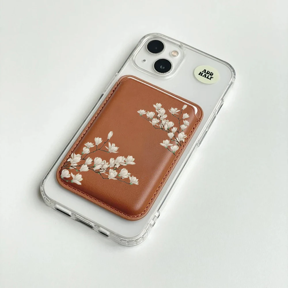 Magnolia Leder-Kartenetui Handyhülle Magnetische Hülle Geeignet für alle iPhone Magsafe Karten Blumen Handy-Rückentasche – Detail 2