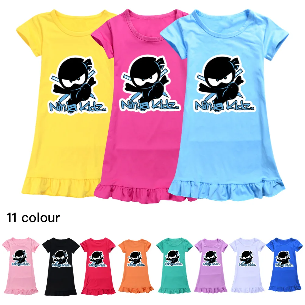 NINJA KIDZ Clothes Summer Kids Pajamas Dress Baby Girls Short Sleeve Nightgown Children Cartoon Casual Sleep Wear