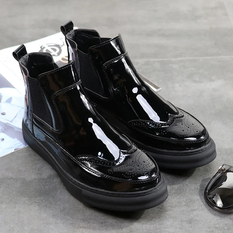 

mens fashion party nightclub chelsea boots carved brogue patent leather shoes cowboy platform boot designer autumn winter botas