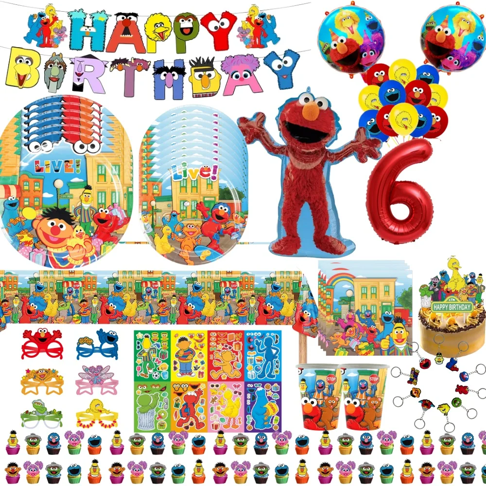 Artículos de Fiesta de Plaza Sésamo, Decoraciones para Fiestas de Cumpleaños Infantiles, Platos, Vasos, Globos de Elmo, Pegatinas, Llaveros, Recuerdos