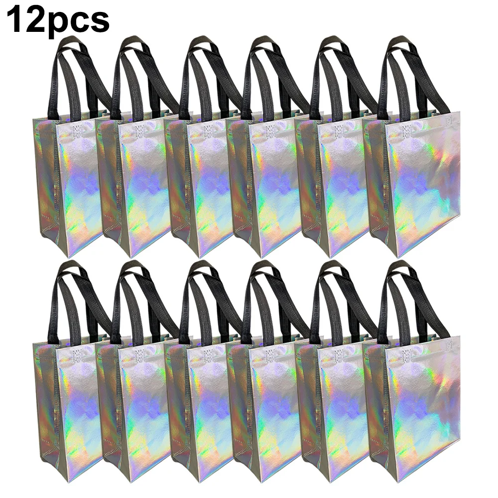 12pcs Iridescent Non-woven Gift Bags Goodie Bags Birthday Party  Present Bag Holographic Silver Reusable ﻿ ﻿