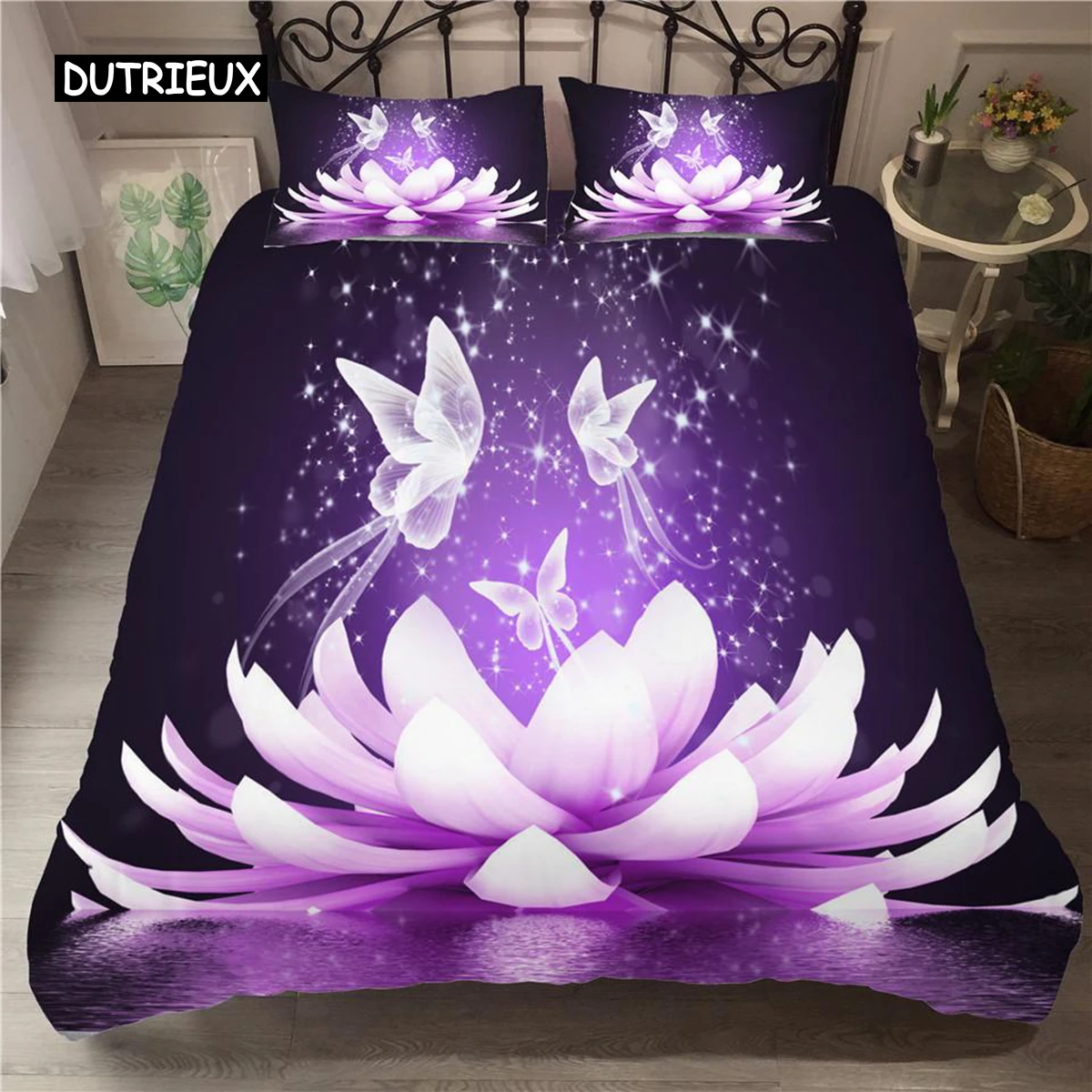 

Flower Duvet Cover Set White Butterfly Flower Pattern Fantasy Purple Background Bedding Set Flower Theme King Size Quilt Cover