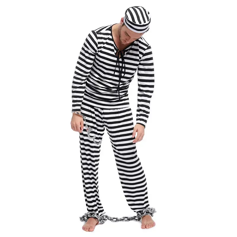 Halloween Prisoner Costume Cosplay Performance Clothing Masquerade Prisoner Disguise Costume Black White Stripe Jailbird Set