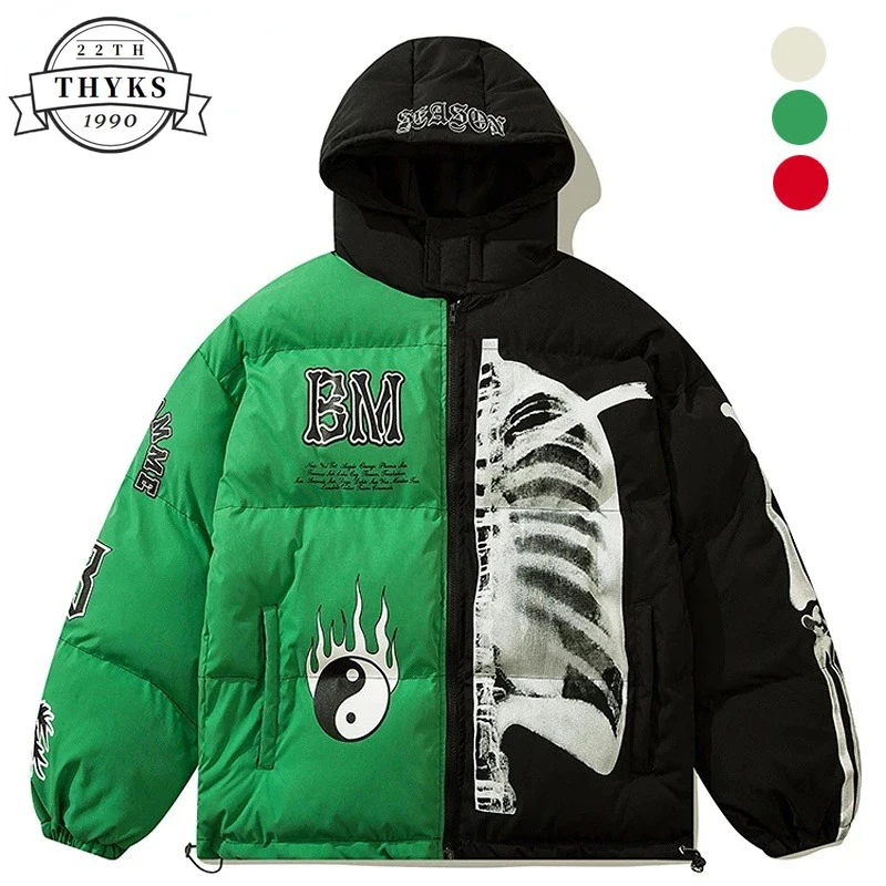 

Winter Hooded Parkas Jacket Mens Yin Yang Skeleton Print Patchwork Jackets Streetwear Loose Thick Warm Coat Unisex Plus Chaqueta