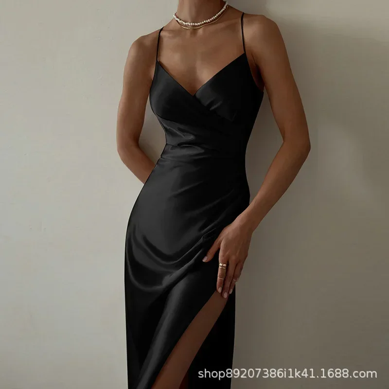 

Ruched Satin Midi Dress V Neck Skinny Shoulder Straps Double Layer Draped Suspender Dress Side Slit Lady Party Evening Dresses