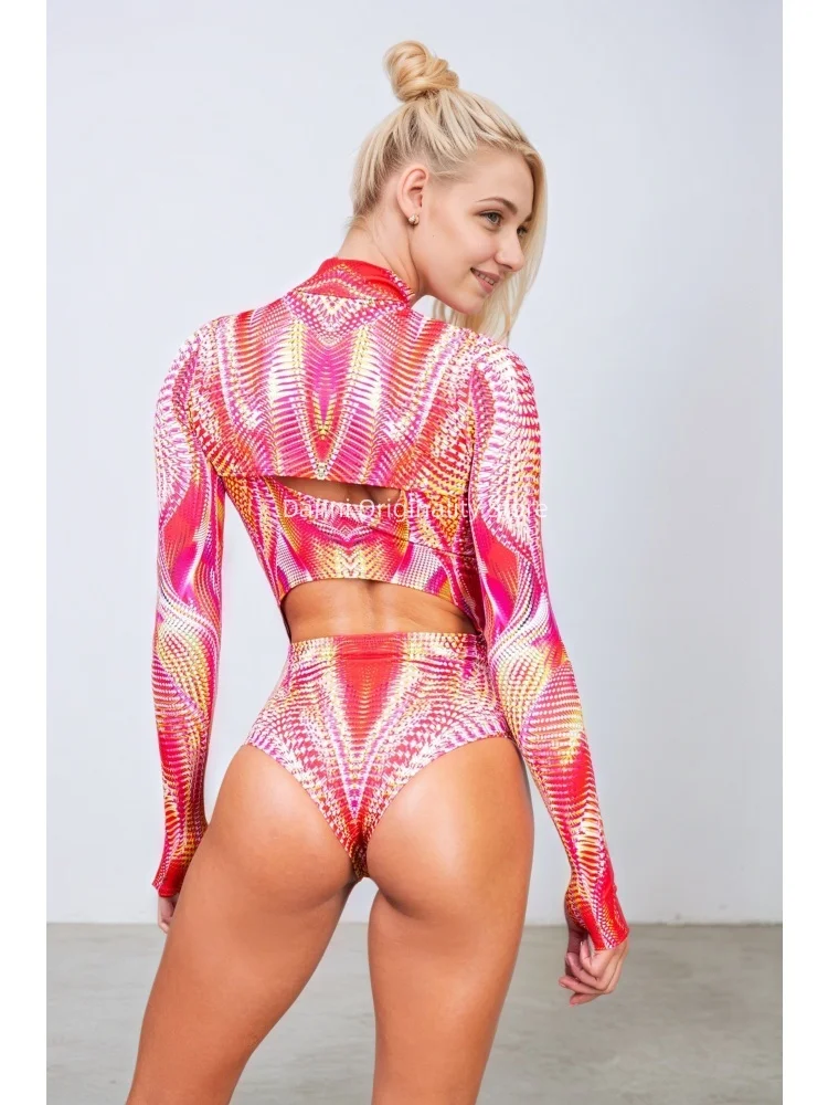 Women Psychedelic Daydream Print Long Sleeve Cut Out Bodysuit Pulsar Shrug 2PC Bodysuit Rave Festival Party Performance Outfits view 2