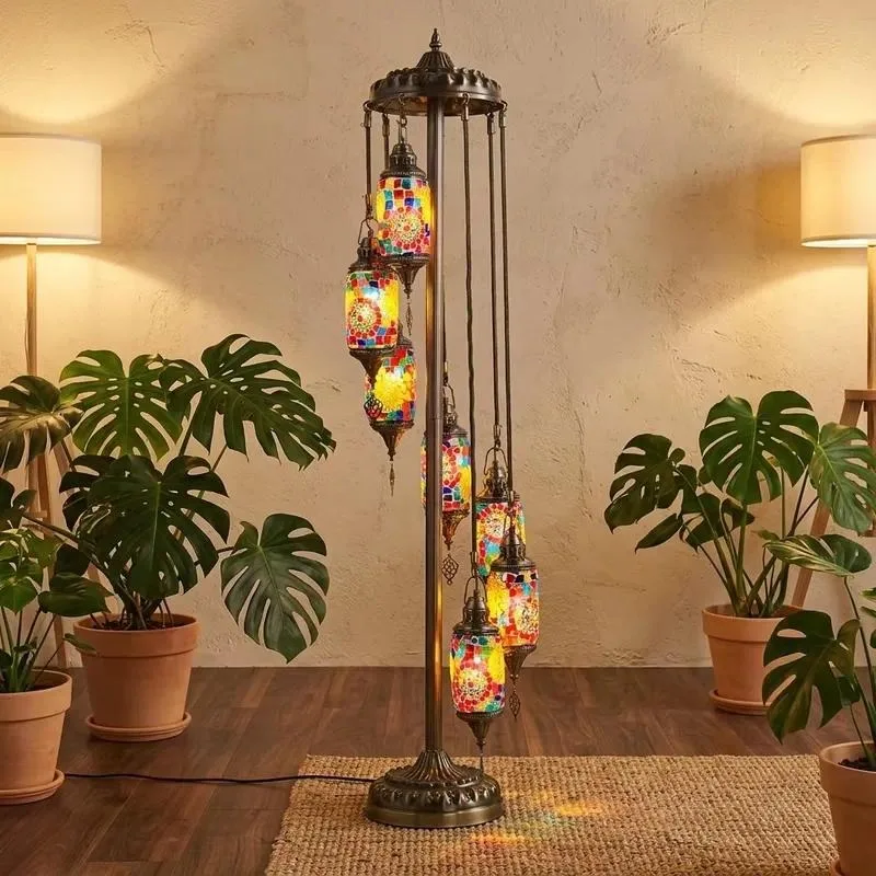 Decorative Wrought Iron LED Night Light with 5 Spherical Lamp Holders Turkish Mosaic Moroccan Retro Design Hotel Floor Lamp