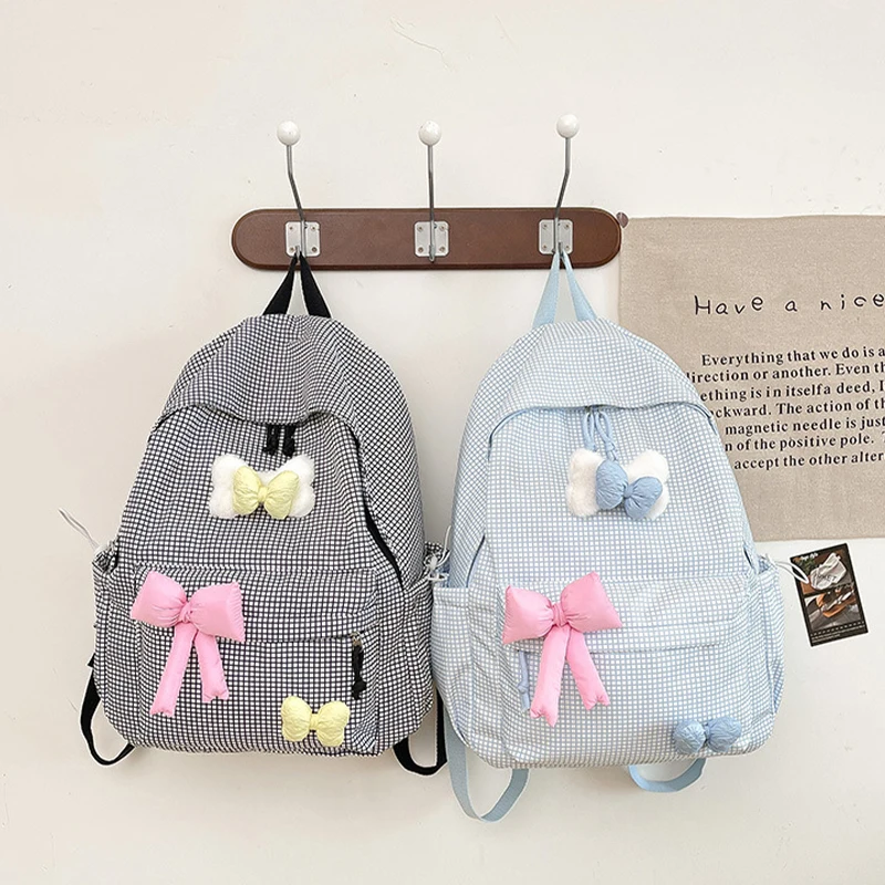 Japanese Cute Bow Simple Plaid Girls Backpack Student School Bag Large Capacity Kawaii Storage Bag Back To School Woman Bags