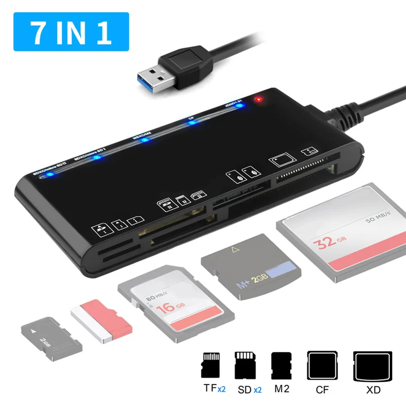 ABDX-7 in 1 USB 3.0 Multifunction Card Teader CF/XD/MS/SD/TF Card Reader for Windows Vista/XP/7/8/10/, Linux,