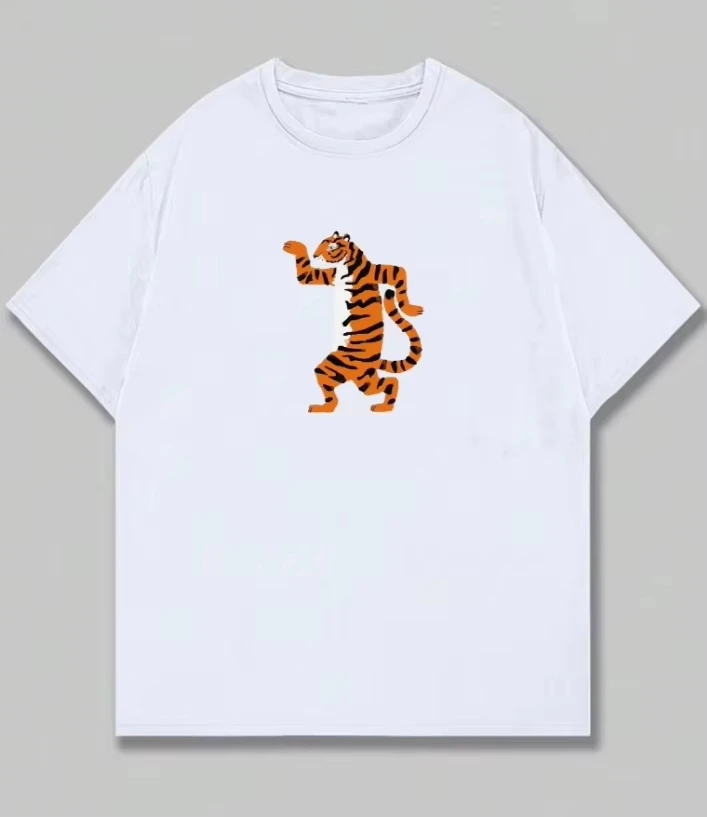 White Cartoon Dancing Tiger Printed Casual T-Shirt Cotton Graphic Tee Men Women Summer Streetwear