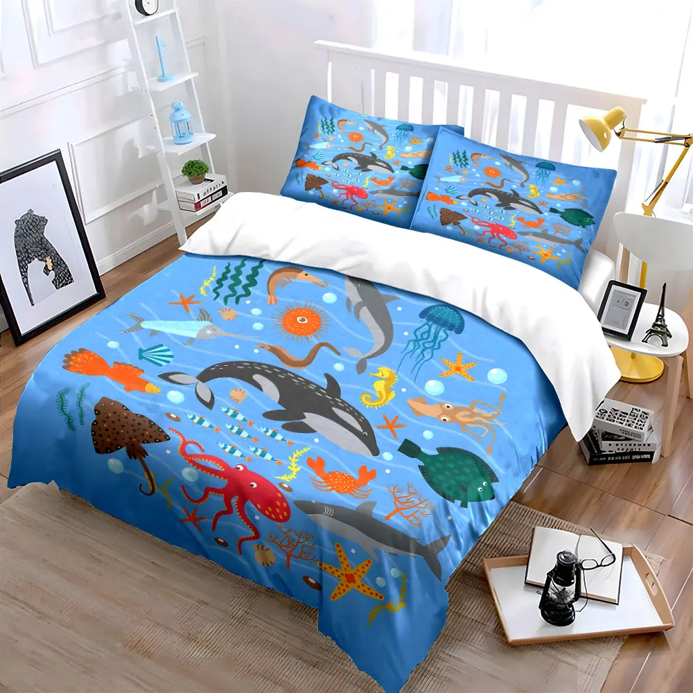 Diverse Marine Creatures Display Printed Duvet Cover Set1 Duvet Cover+2 PillowcaseMulti Size Bedroom Bedding Decor