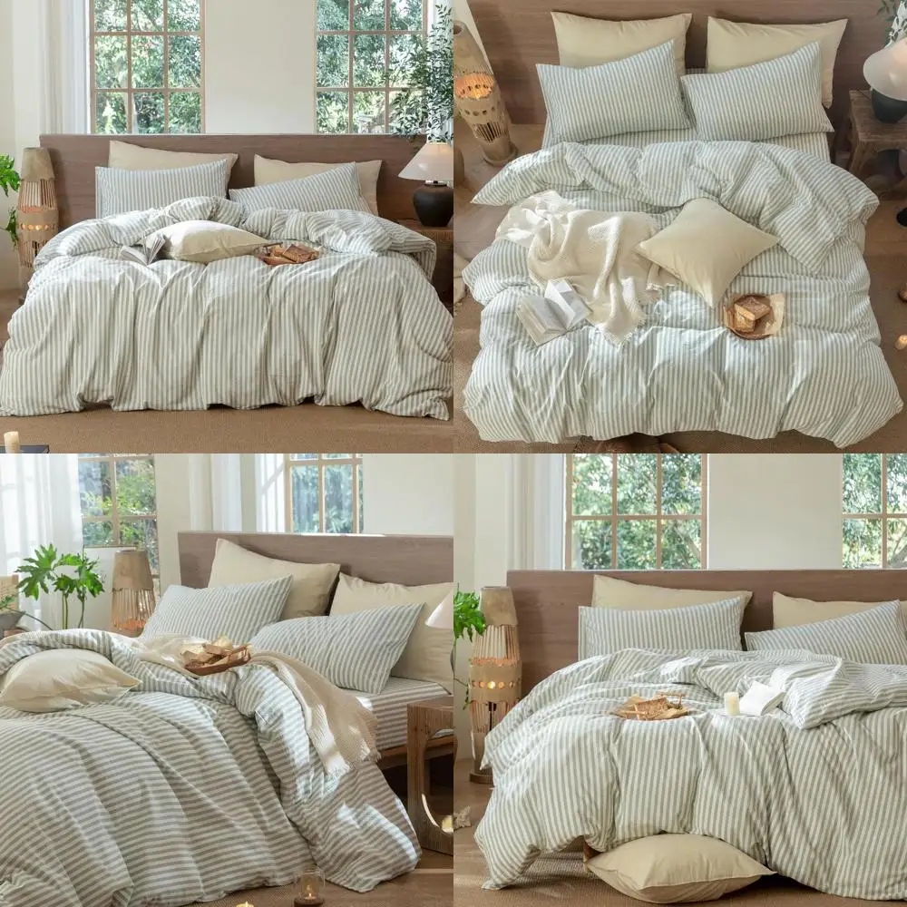 

100% Washed Cotton Linen Duvet Cover Set - Breathable, Durable, Soft and Comfy, Sage Green White Stripes, Classic Style