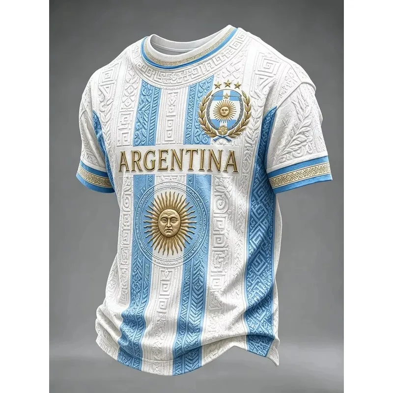 Unisex Argentina Soccer Jersey Striped Jacquard Sun Motif Gold Lettering Triple-Star Chest Crest 2026 Crest Fan Football Shirt