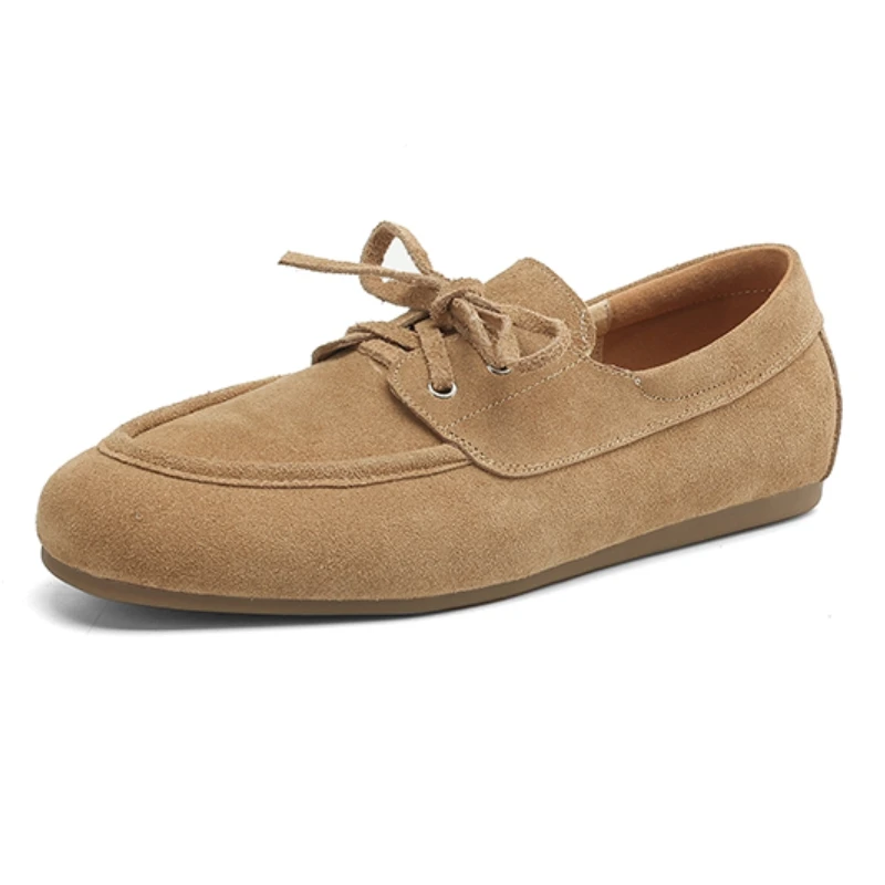 

2026 Fashion New Women's Flats Shoes Suede Leather Spring Ballet Casual Loafers Shoes Lace Up Round Toe Ladies Flat Comfortable