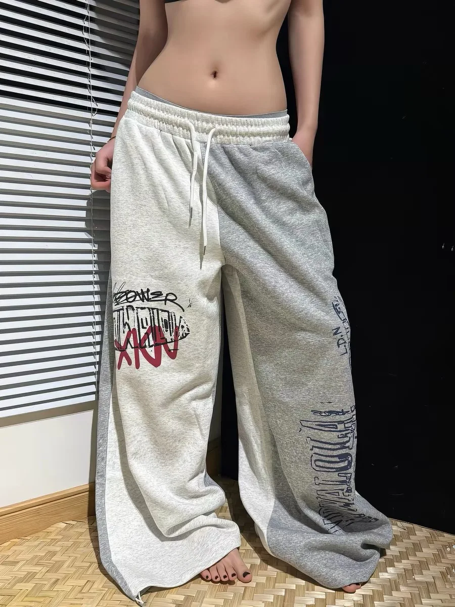 American Streetwear Letter Print Wide Leg Sweatpants Loose Fit Dance Men's Design Casual High Waist Straight Leg Pants