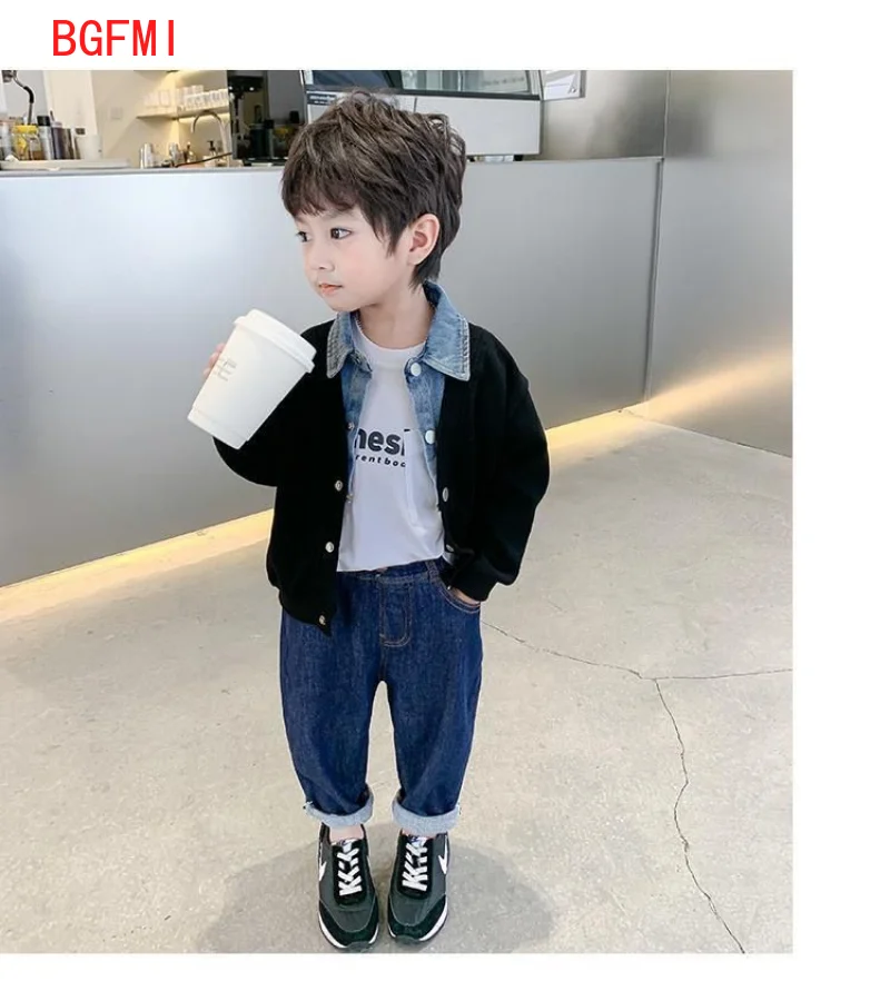 Children\'s clothing for boy Coat Spring Autumn Jacket Denim collar Patchwork top Fake two shirts Kids Outerwear 2-9 Y