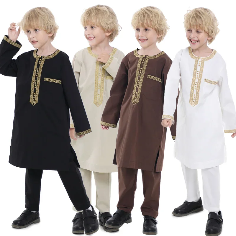 Bambini musulmani vestaglia 2 pezzi Set bambini ragazzo girocollo manica lunga camicia stampata Abaya caftano Jubba Thobe abbigliamento islamico