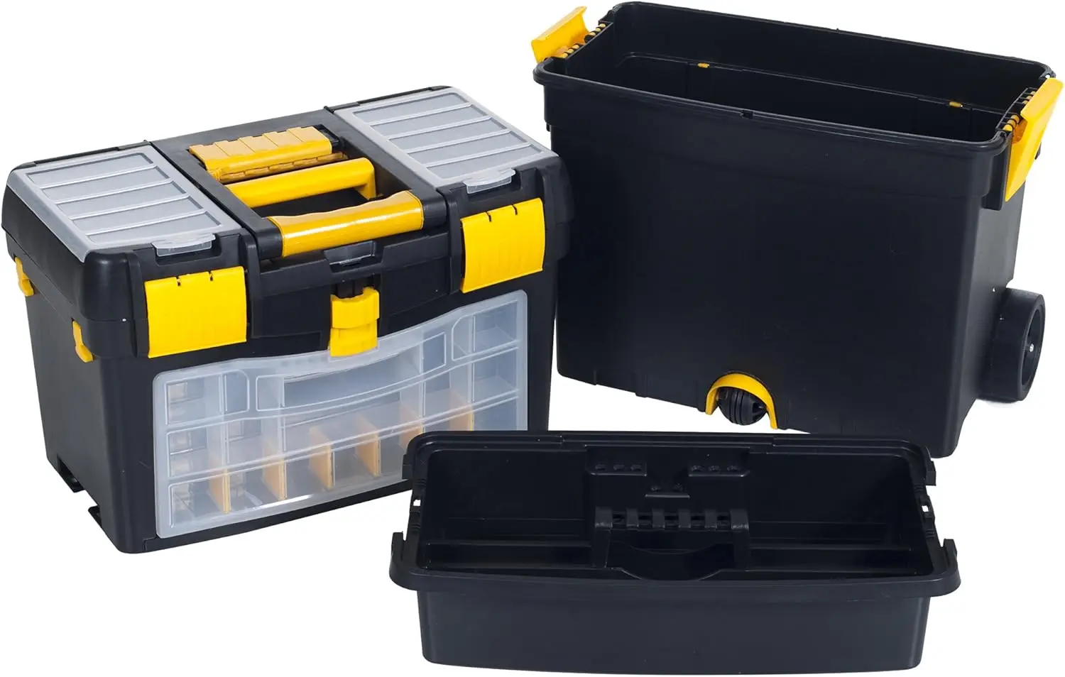 Portable toolbox with wheels, stackable tool chest with drawers, mobile utility cart by Stalwart in black.