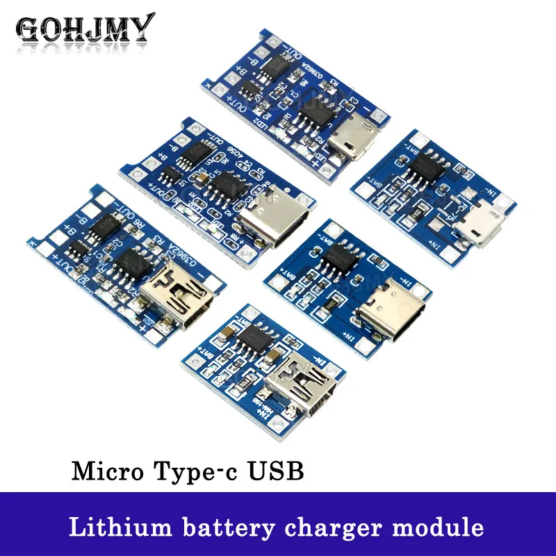 Pengisi daya baterai Lithium, 5 buah mikro tipe-c USB 5V 1A 18650 TP4056 modul papan pengisian dengan perlindungan fungsi ganda 1A Li-ion