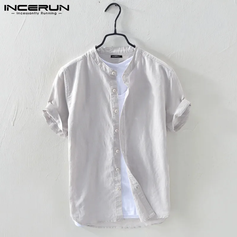 INCERUN 2023 Men Shirt Cotton Stand Collar Short Sleeve Streetwear Harajuku Camisas Solid Color Casual Men Brand Shirts S-5XL