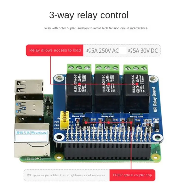 (BAAY) Placa de expansión de relés de 3 vías para Raspberry Pi 4B/3B/3B+, módulo de control de relés para el hogar inteligente