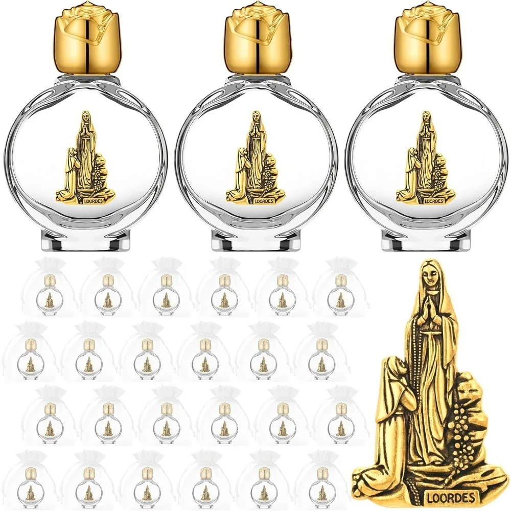 5/10 juegos de botellas de vidrio de 15 ml para agua bendita de Nuestra Señora de Lourdes, doradas, con bolsas de organza, para bautizo, comunión, iglesia, boda, recuerdo para invitados.