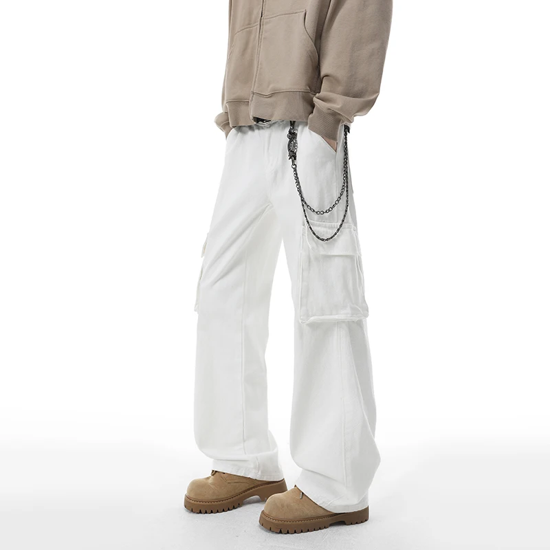 

Белые джинсы-карго для мужчин, новинка 2025, мешковатые джинсовые брюки с большим карманом, свободные уличные стильные осенние модные повседневные джинсы высокого качества