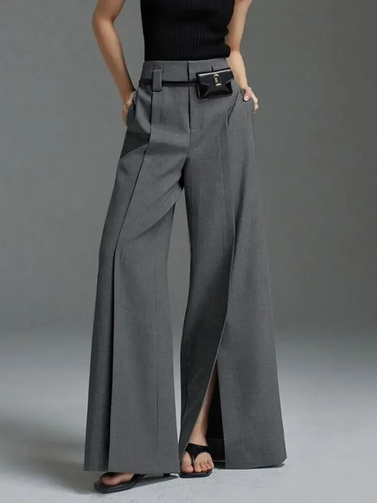 Onecozyday 2024 New Pants for Urban Female High Waist Buttoned Wide Leg Trousers Split-front Loose Fit Full Length Pants