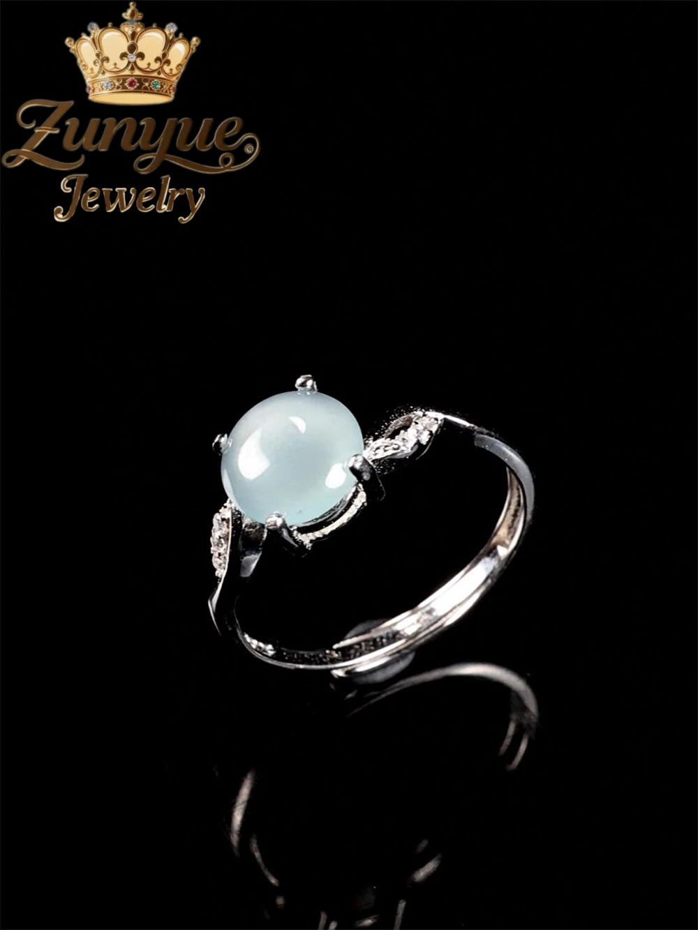 

S925 Silver Inlaid Natural Exquisite A-Grade Jade Blue Water Egg Surface Ring Ice-Type Jade Ring For Women Simple And Adjustable