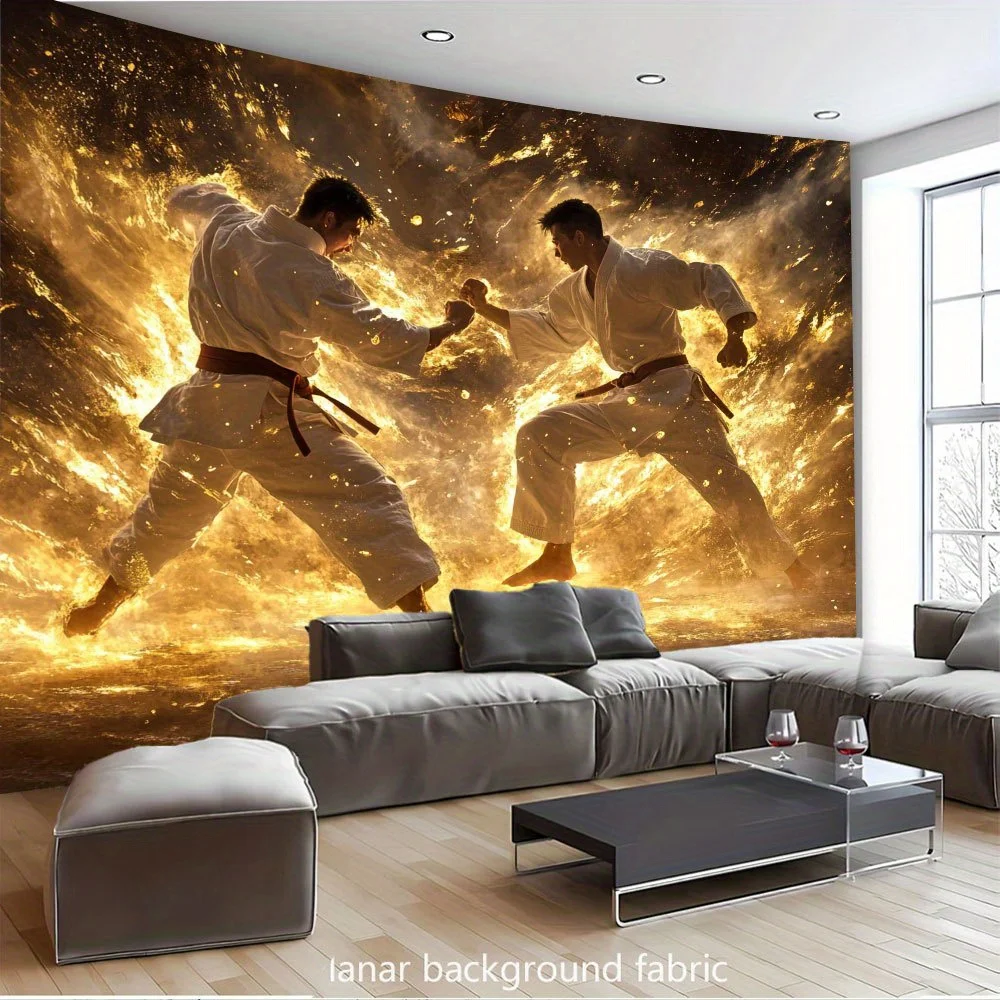 Karate Showdown Mid-Air Tapestry - Swirling Ink Shockwave & Golden Rim Lighting Design