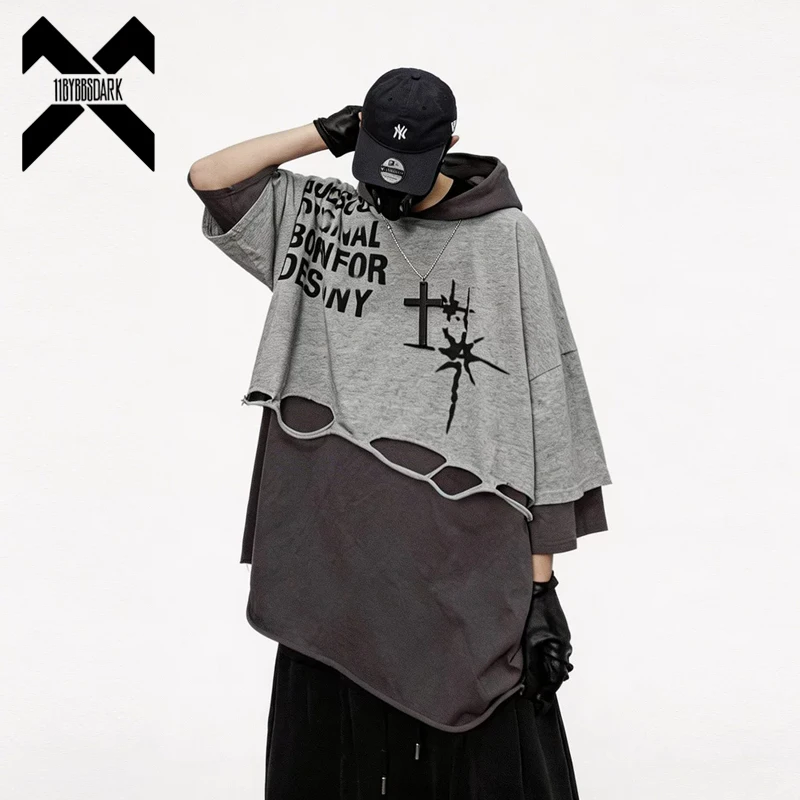 2026 Summer Hip Hop Streetwear Oversized T-Shirt Men Hooded Fake Two Piece Short Sleeve Cotton Tee Casual Tshirt Tops