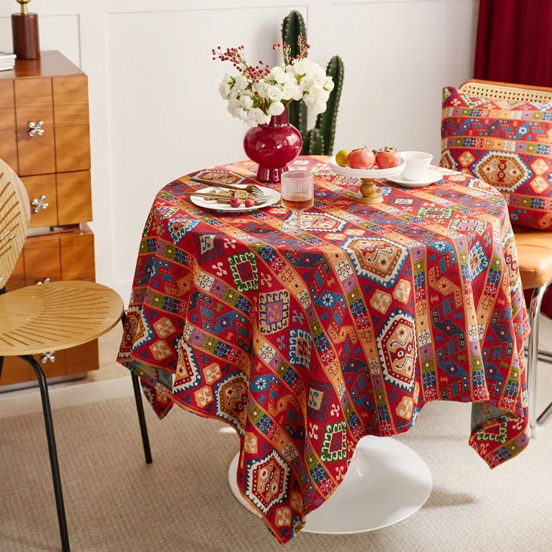 Boho Round Tablecloths Red Badges Pattern Jacquard Table Cloth Mexico Bohemian Style Home Kitchen Decor