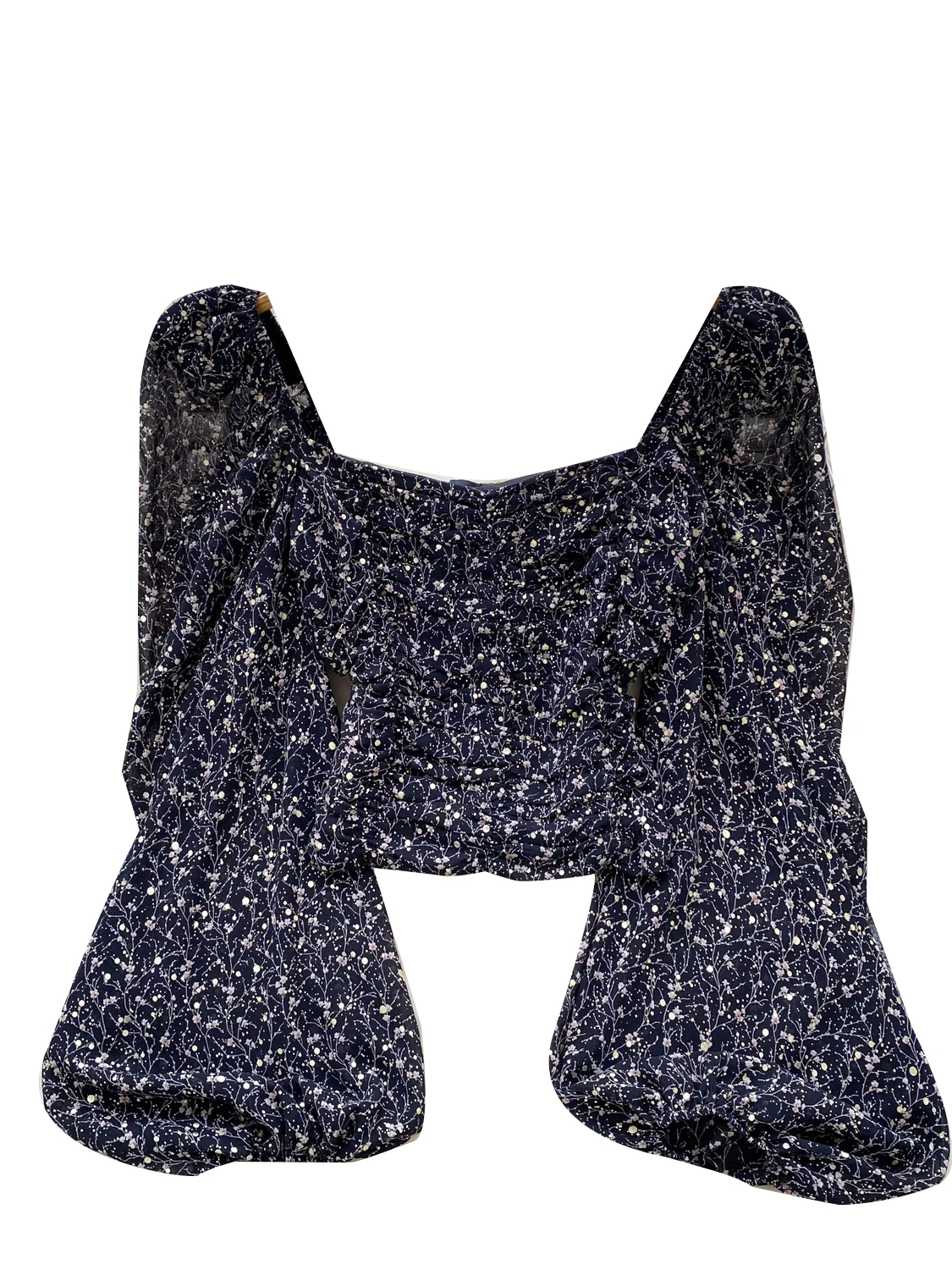 Csa Curta de Chiffon com Estampa Floral e Manga Bufante Estilo Francês para Mulheres Jovens, Respirável para a Temporada d...