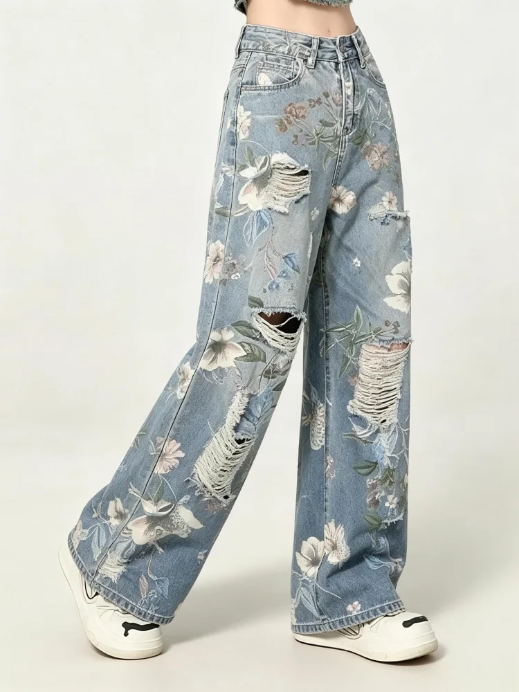 Women Y2k Graphic Print Ripped Jeans Baggy Harajuku 90s Aesthetic Denim Trousers Vintage Japanese 2000s Style Trashy Jean Pants