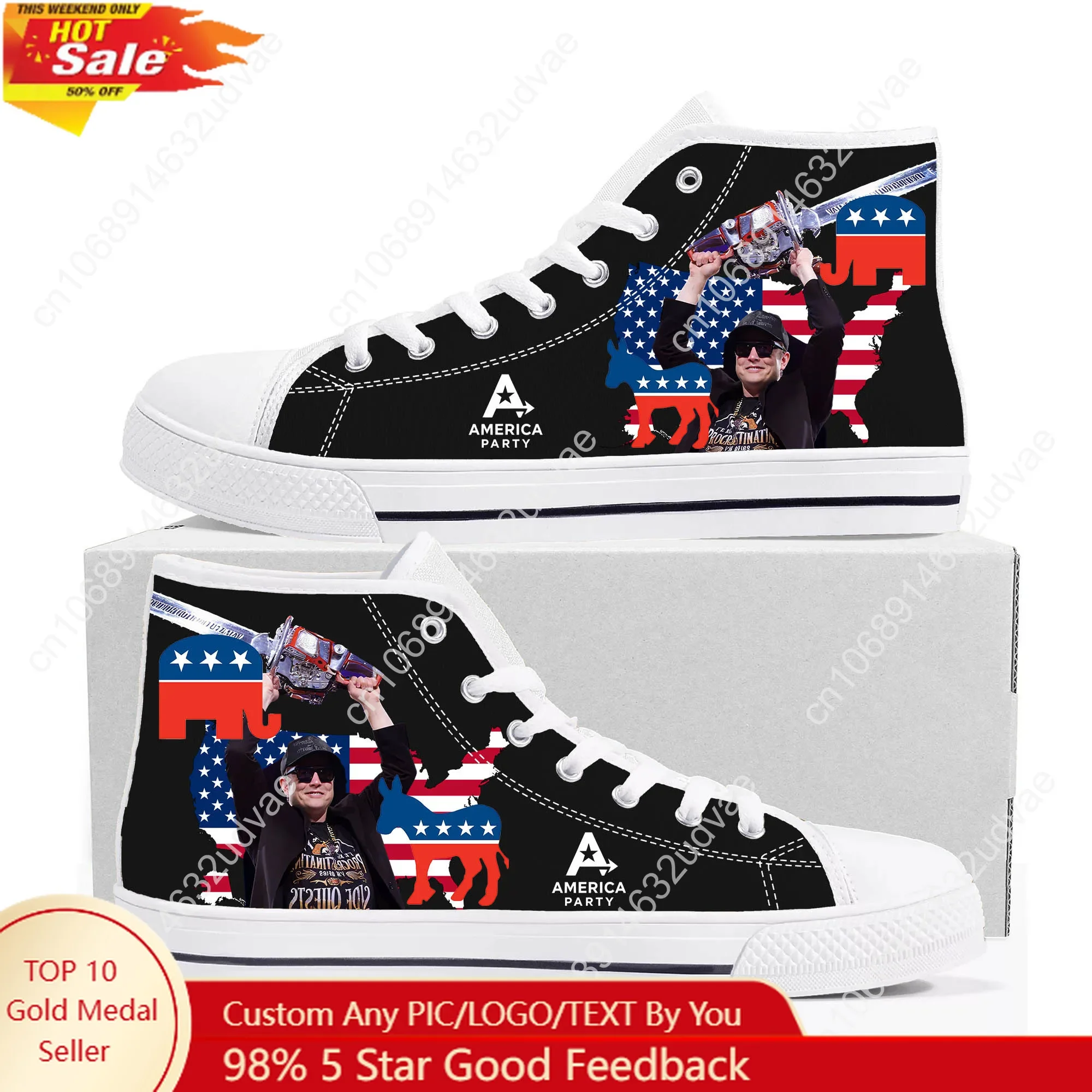 Elon Musk High Top Shoes Men Women Canvas Sneaker American Party High Quality Sneakers Durable Couple Footwear Custom Shoe White