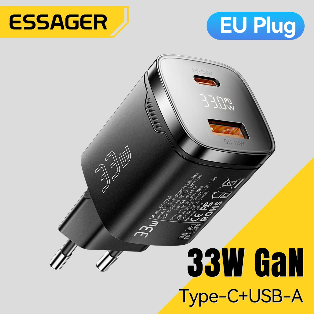 מטען קיר Essager 33W GaN USB-C עם תצוגה דיגיטלית וטעינה מהירה PD