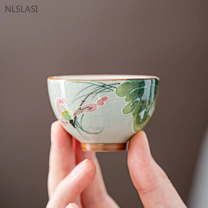 50ml Ge Kiln Ice Crack Glaze Hand-painted Lotus Teacup Ceramic Tea Set Underglaze Color Master Cup Portable Beauty Tea Cup