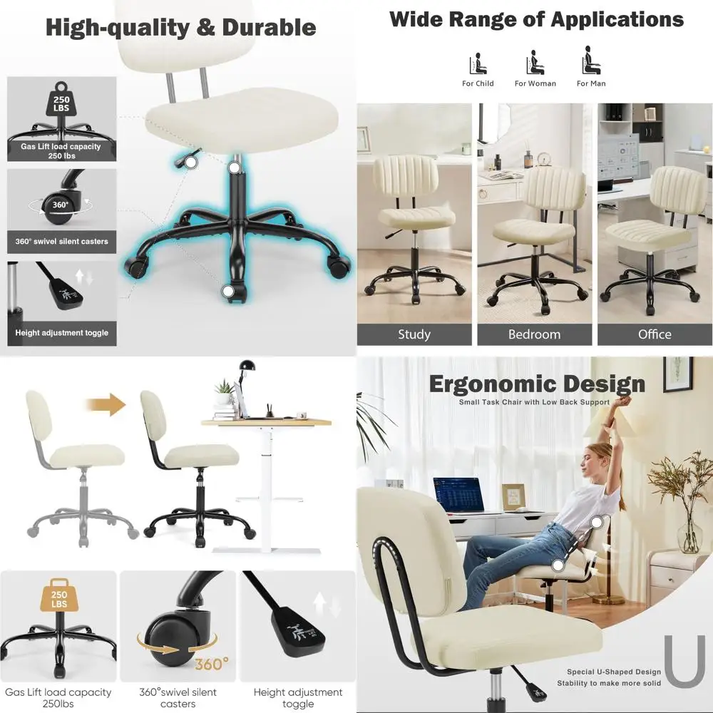 

Ergonomic Low Back Support Desk Chair with Adjustable Height, PU Leather, 360° Swivel, Suitable for Kids and Adults, Beige