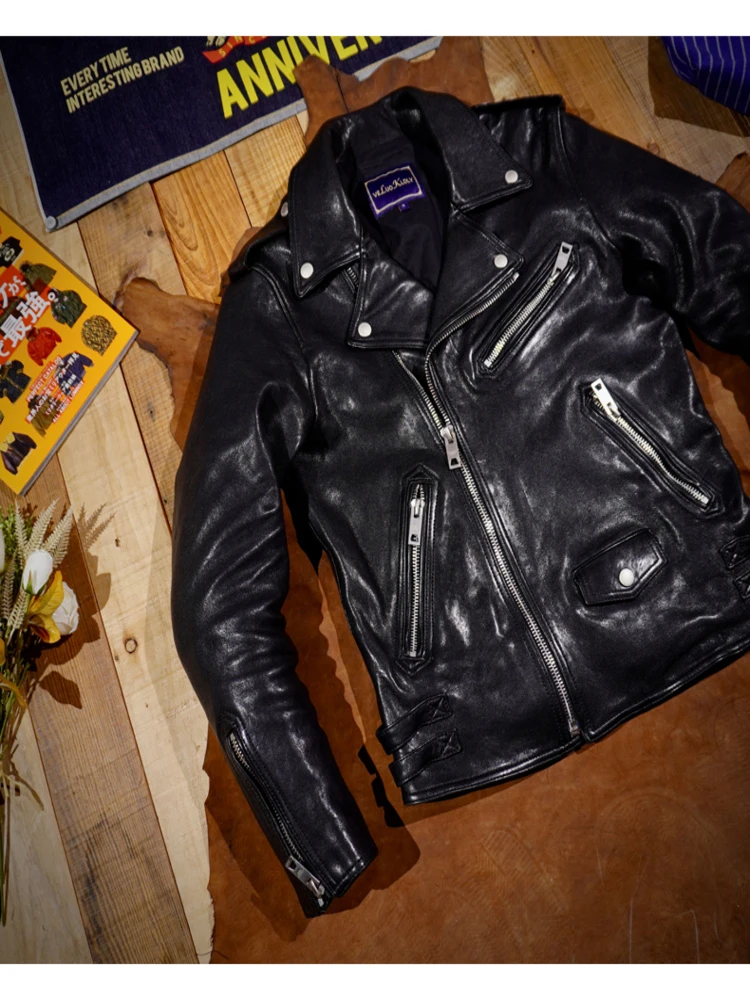 

YR!Free shipping.Luxury Tanned sheepskin coat.Vintage black quality genuine leather jacket.heavy thick Rider cloth