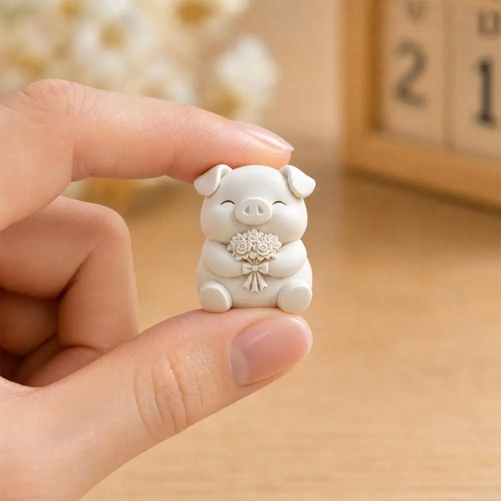 Cute Pig Figurine Closed-eye Smile Pig 3d Printed Cute Pig Bouquet Figurine Matte White Sculpture with Rose Bow Stable Desktop