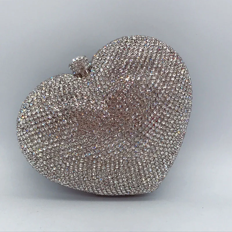 Women Boutique Classy Chic Rhinestone Small Clutch Purses And Handbags Heart Shaped Crystal Evening Bags Wedding Party