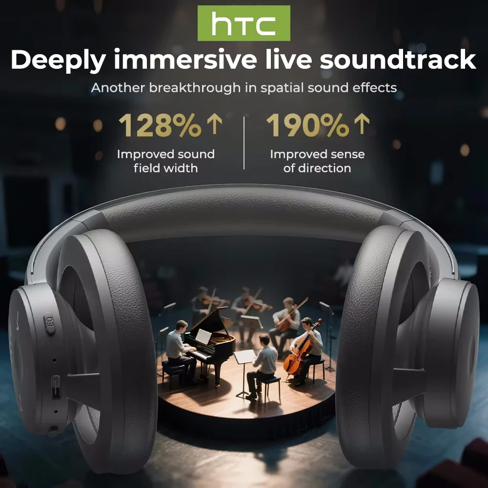 HTC HP06 سماعات رأس لاسلكية مفتوحة الأذن بلوتوث V6.0 Airy قابلة للطي AI ترجمة سماعة للكمبيوتر المحمول والهاتف والتلفزيون خفيفة مجوفة