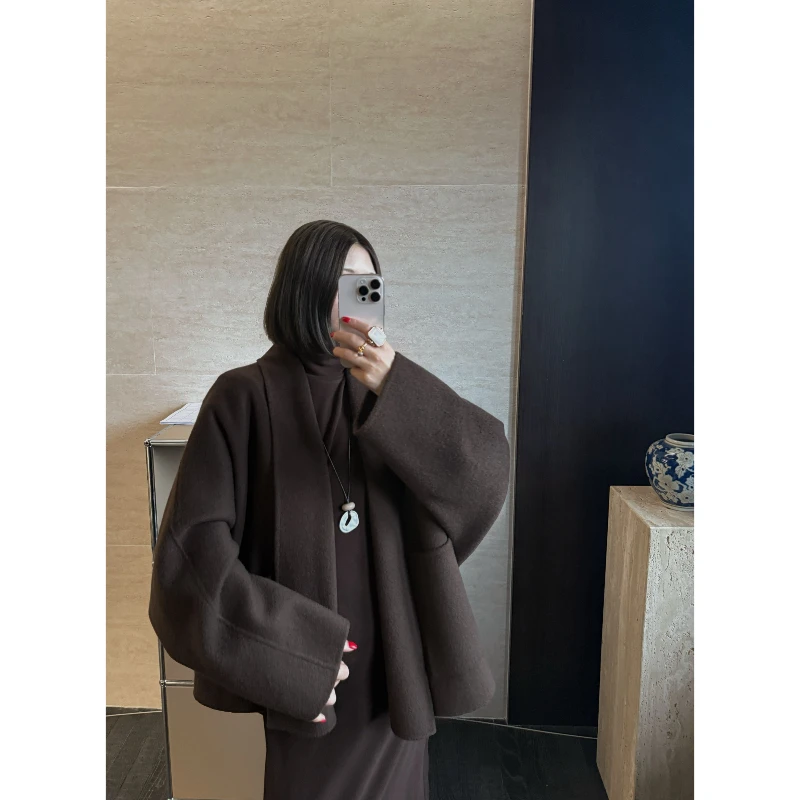

Ele ort Double-Faced Camere Woolen Robe Coat Hand-Stitched Women's Faion Outerwear for Autumn Winter Season