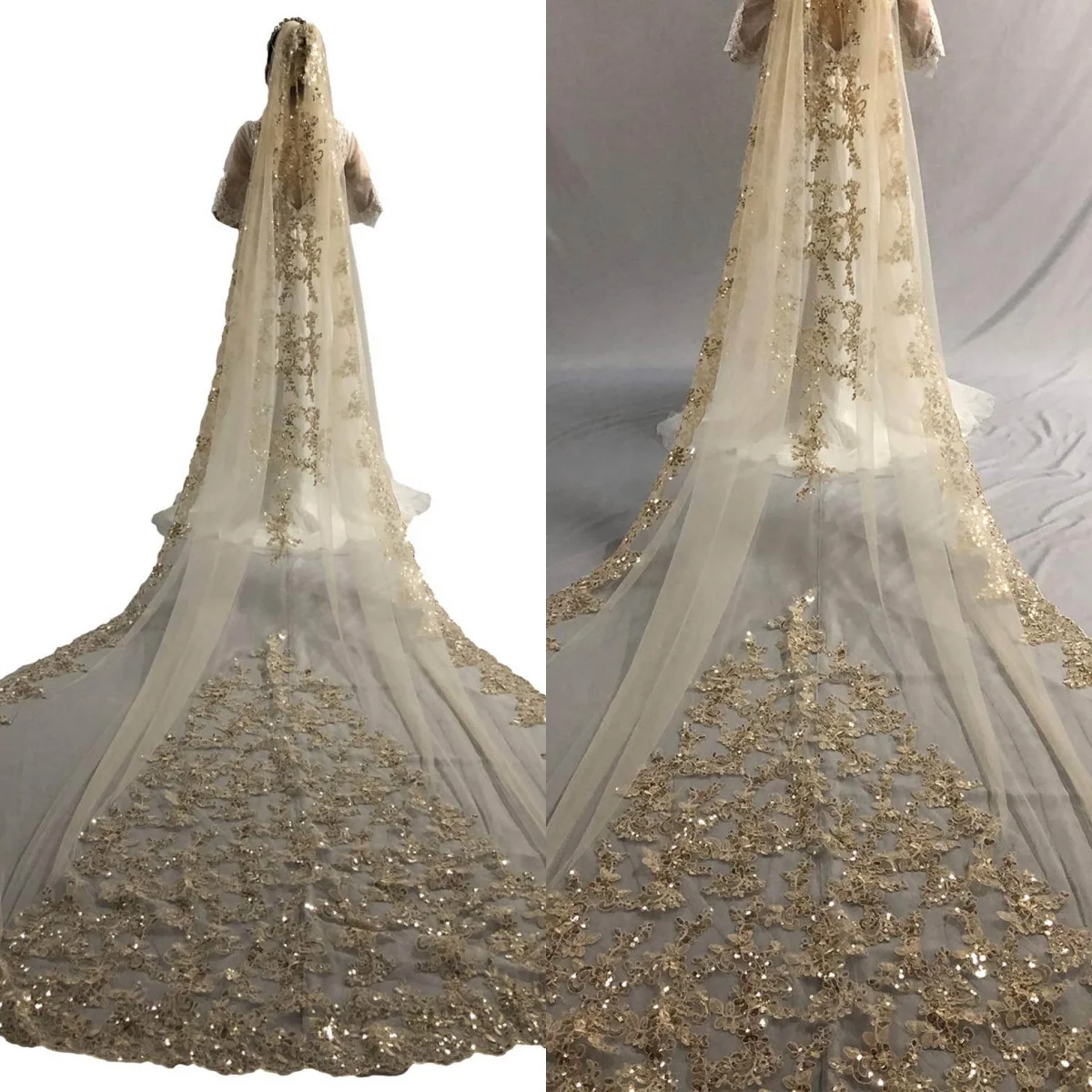 

Glitter Wedding Veil Sequin Appliques Cathedral Length One Layer Bridal Veils Applique Edge For Bride Velo De Cabeza Custom Made