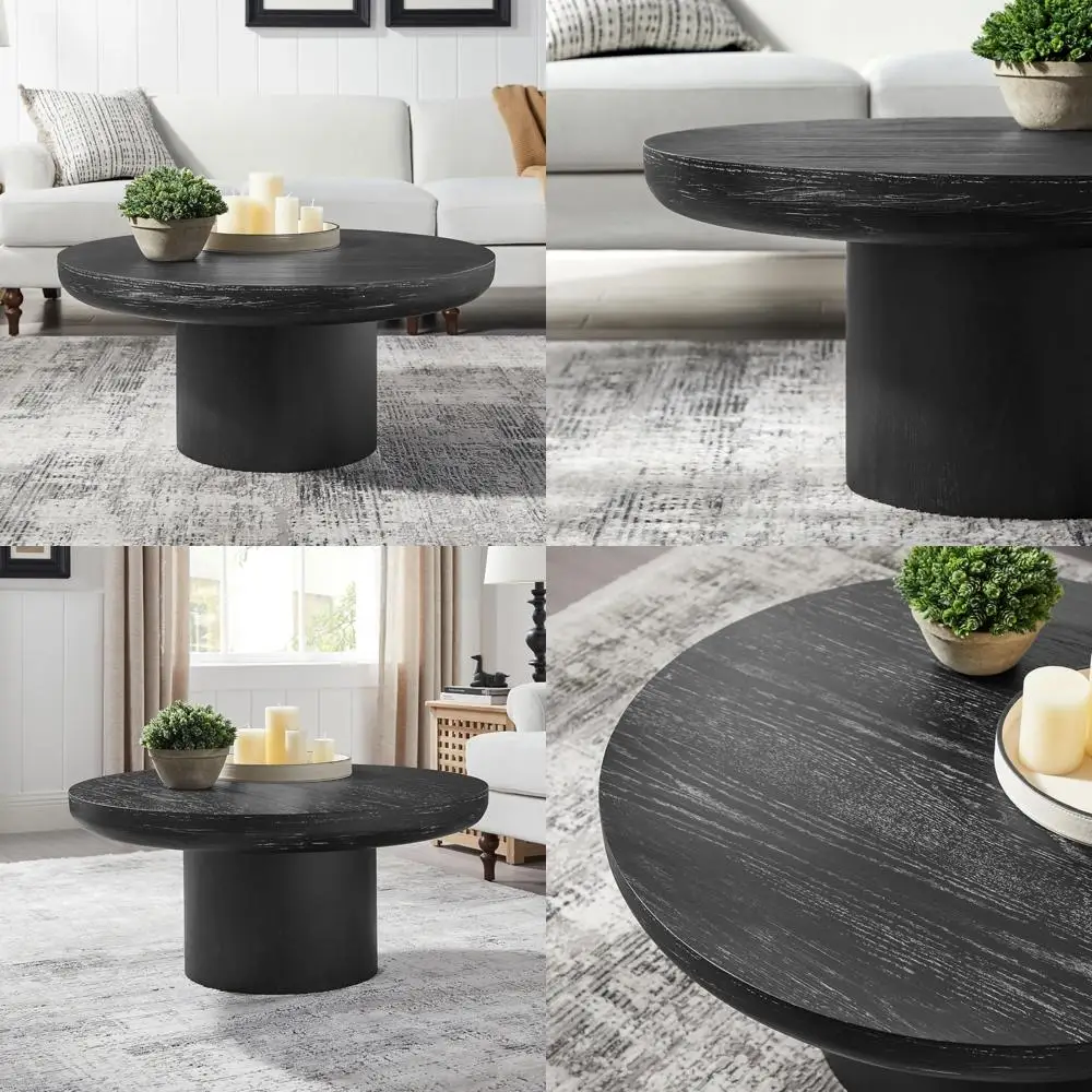 طاولة قهوة مستديرة ريفية مقاس 35.98 بوصة لمساحات المعيشة، مناسبة للشقق، سهلة التجميع - أسود، 36 قطر × 16 ارتفاع #1