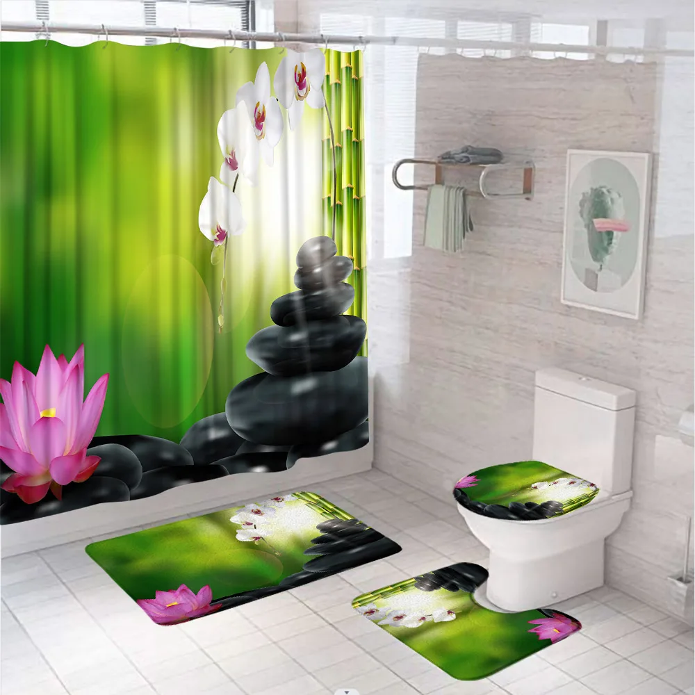 Zen Spa Garden Bamboo Bathroom Set Shower Curtain Non-Slip Rug Bath Mat Toilet Cover Peony Butterfly Fish Lotus Bathtub Curtains